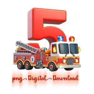 Anniversaire de 5 ans de camion de pompier - fond transparent graphique imprimable en téléchargement numérique pour des bannières de signes de chemises