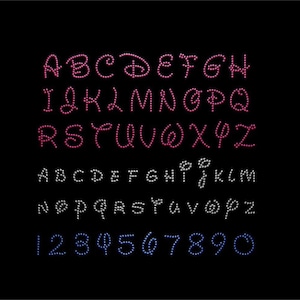 May include: A set of pink, white and blue rhinestone letters and numbers. The letters are in a cursive font and the numbers are in a simple font.
