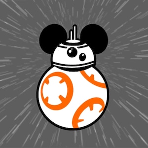 May include: A white and orange cartoon character with black Mickey Mouse ears. The character is a droid with a round body and a dome-shaped head. The background is a gray and white starburst pattern.