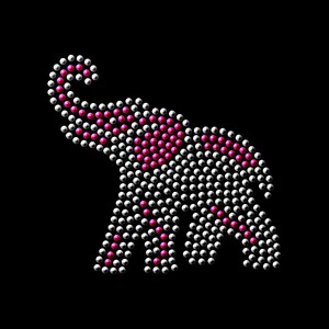 May include: A white and pink elephant design made of rhinestones. The elephant is outlined in white rhinestones and has a pink heart shape in the center of its body.