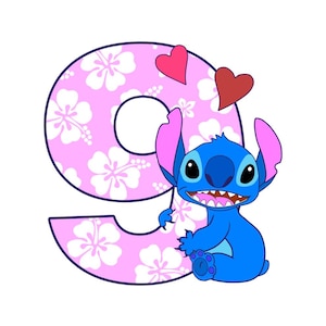 May include: A pink number nine with a white floral pattern. A blue cartoon character with pink ears is holding onto the number. The character has a big smile and two large black eyes. There are two red hearts above the number.