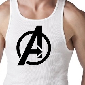 May include: White tank top with a black Avengers logo printed on the front.