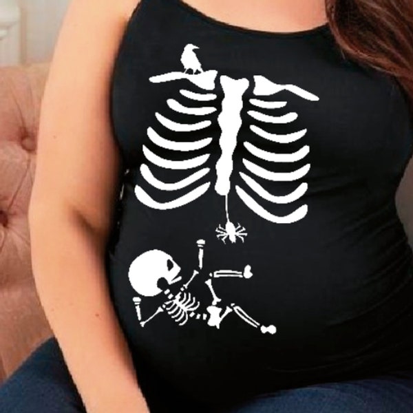 Maternity Shirt SVG Halloween Baby Skeleton Playing with spider Pregnancy X-Ray Image cut with Sillhouette or Cricut Vinyl Cutter