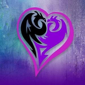 May include: A pink heart-shaped design featuring two black and purple dragons facing each other. The dragons are stylised and have intricate details.
