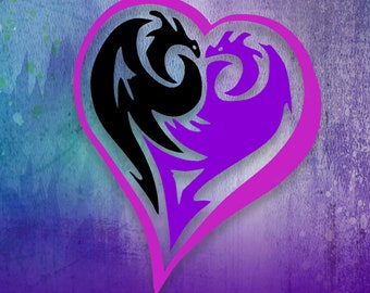 May include: A pink heart-shaped design featuring two black and purple dragons facing each other. The dragons are stylised and have intricate details.