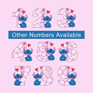 May include: Nine colorful numbers with a pink floral background and a blue Stitch character from Lilo & Stitch. Each number has a red heart above it.