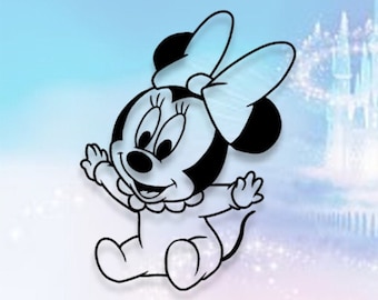 May include: Black and white cartoon illustration of a baby Minnie Mouse wearing a bow and a dress. She is sitting with her arms outstretched and smiling.