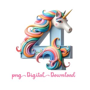 Unicornio de cumpleaños de 4 años: descarga digital, gráfico imprimible, fondo transparente para camisetas, carteles, pancartas