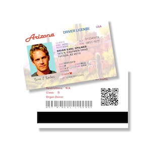 Fast and the Furious Paul Walker Drivers License ID Costume Prop Cosplay Brian Spilner Arizona License