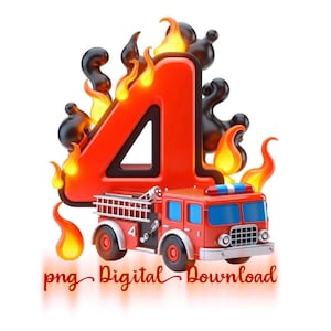 Anniversaire d'un camion de pompier 4 ans - Fond transparent graphique imprimable en téléchargement numérique pour les chemises, les enseignes et les bannières