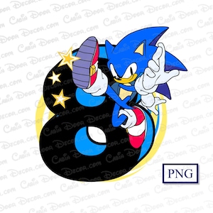 May include: Sonic the Hedgehog, a blue cartoon character, is kicking a black number eight with yellow stars. The background is white.