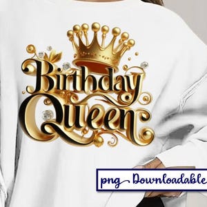Taza de la reina del cumpleaños PNG digital para descargar, gráfico imprimible, fondo transparente, corona de oro y diamantes, pancarta para celebrarla