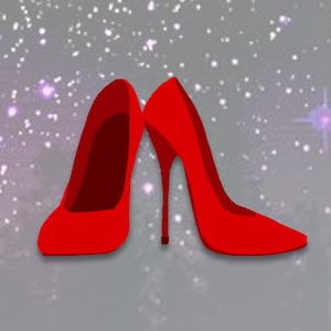 May include: A pair of red high-heeled shoes with pointed toes. The shoes are set against a sparkly background.