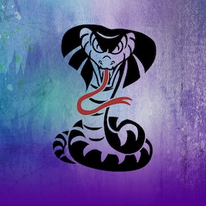 May include: A black and white illustration of a cobra with a red tongue. The cobra is in a defensive position with its hood raised.