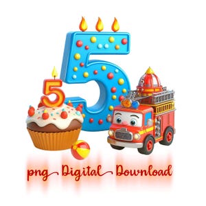 Anniversaire de 5 ans de camion de pompier - fond transparent graphique imprimable en téléchargement numérique pour des bannières de signes de chemises