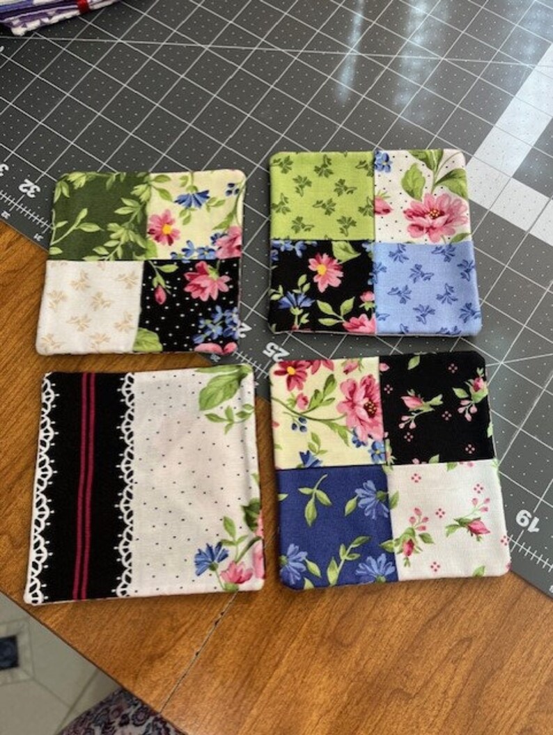 SET OF FOUR Coasters, Fabric, Glass, Patchwork, Machine Washable