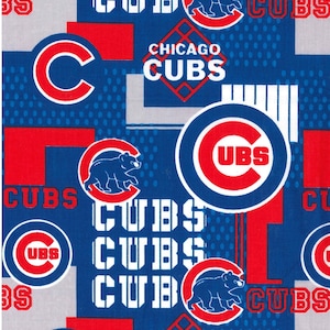 May include: A blue and red fabric with a repeating pattern of the Chicago Cubs logo. The logo features a red "C" with a white outline, a red bear, and the words "Chicago Cubs" in white text.