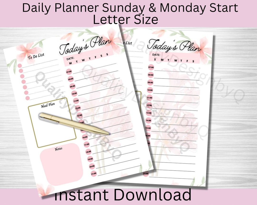 Hourly Floral Daily Planner Pages Gold Blush Pink Sheet Etsy