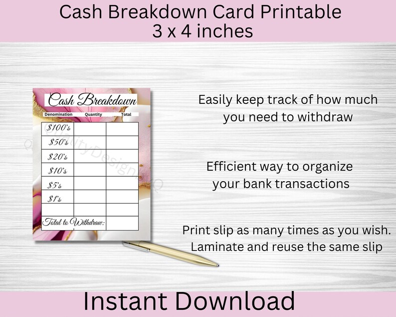 Cash Breakdown Printable, Denomination Breakdown Slip, Bank Teller Slip