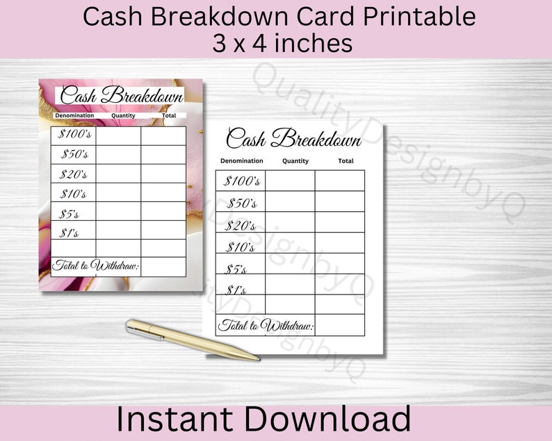 Cash Breakdown Printable, Denomination Breakdown Slip, Bank Teller Slip