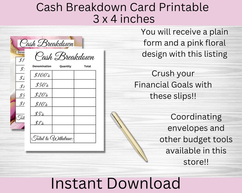 Cash Breakdown Printable, Denomination Breakdown Slip, Bank Teller Slip