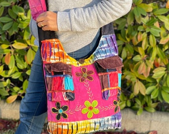 Pretty Pink Unique Crossbody Bag Boho Beach Bag Tote Bag Aesthetic Cute Hippie Shoulder Bag Travel Bag Shopping Tote Flower Patchwork Bag