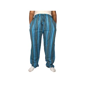 May include: Blue and gray striped pants with a drawstring waist.