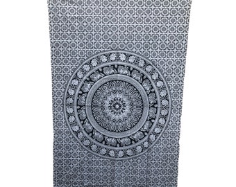 Elephant Multi Black and White Circle Tapestry Boho Bedding Linen Bedding Tablecloth Picnic Blanket Handmade Ethnic Decor Handmade in Nepal