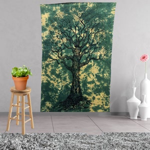 Boho Grüner und mehrfarbiger Baum des Lebens Wandbehang indischer Wandteppich Boho Bettwäsche Leinenbettwäsche | Boho Tischdecke Wohnheim Hippie Wand Dekor