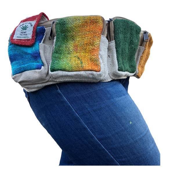 Six-Pocket Multi-Color Tie-Dye Design Utility Fanny Pack Hip Waist Pack | 100% hemp| Hiking Biking Jogging Adventures | Handmade in Nepal