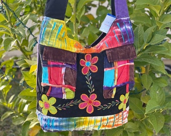 Colorful Flower Patchwork Boho Vegan Shoulder Bag Fair Trade Handmade Multi-Purpose Womens Cross Body Bag Shopping Bag Beach Festival Purse