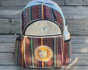 Sonne Mond Stickerei großer Sun Moon Rucksack aus Hanf Nepal Fair Trade Boho Wandertasche