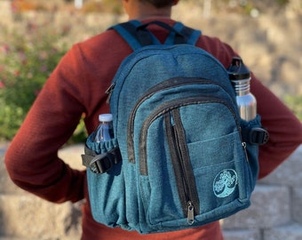 Unique Blue Teal Tree of Life Canvas Cotton Backpack with Embroidery Laptop Backpack Small Backpack Mini Hippie Backpack Festival Backpack