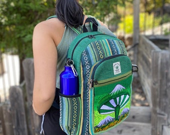 Green Himalayan Hemp Backpack: Mushroom Embroidery, Laptop Pocket