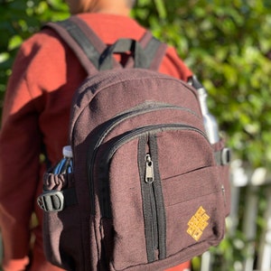 Unique Brown Canvas Cotton Backpack with Tibetan Endless Knot Embroidery VEGAN Laptop Backpack Small Backpack Hippie Bag Pack Festival Bag