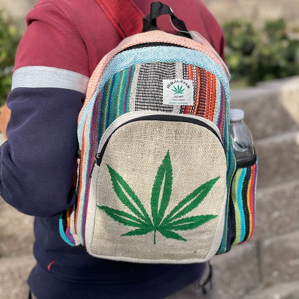 Cool Hemp Leaf Mini Backpack Handmade with Himalayan Hemp | Marijuana Leaf Cannabis Design Festival Hiking Bag 420 Backpack Boho Hippie Bag