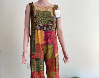 Patchwork Overalls: Hippie Boho Jumpsuit with Mushroom Patches