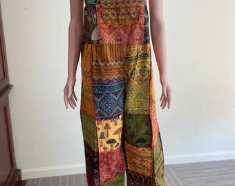 Patchwork Overalls: Boho Hippie Jumpsuit with Mushroom Patches