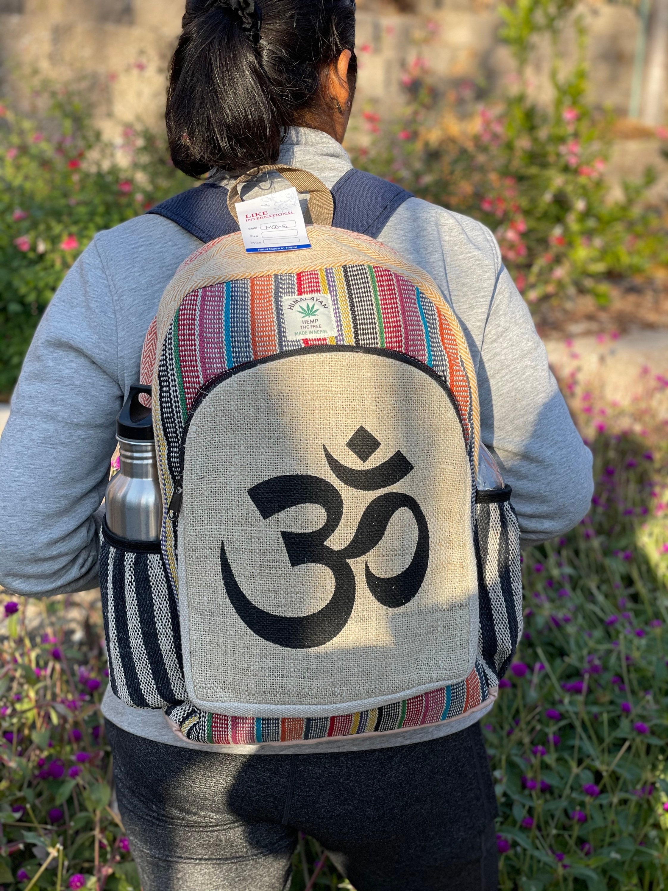 Om Print Hemp Backpack: Large Fair Trade Boho Festival Bag 
