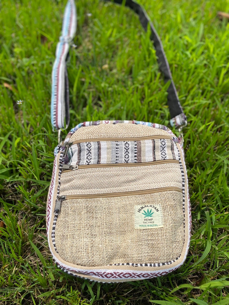 Boho Natural Mini Bag 5 Pocket Passport Bag Travel Bag Hemp Purse Hippie Crossbody Bag GIfts for Her Shoulder Bag Handmade Bag Thanksgiving Beige