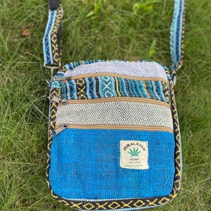 Boho Natural Mini Bag 5 Pocket Passport Bag Travel Bag Hemp Purse Hippie Crossbody Bag GIfts for Her Shoulder Bag Handmade Bag Thanksgiving Light Blue + Blue