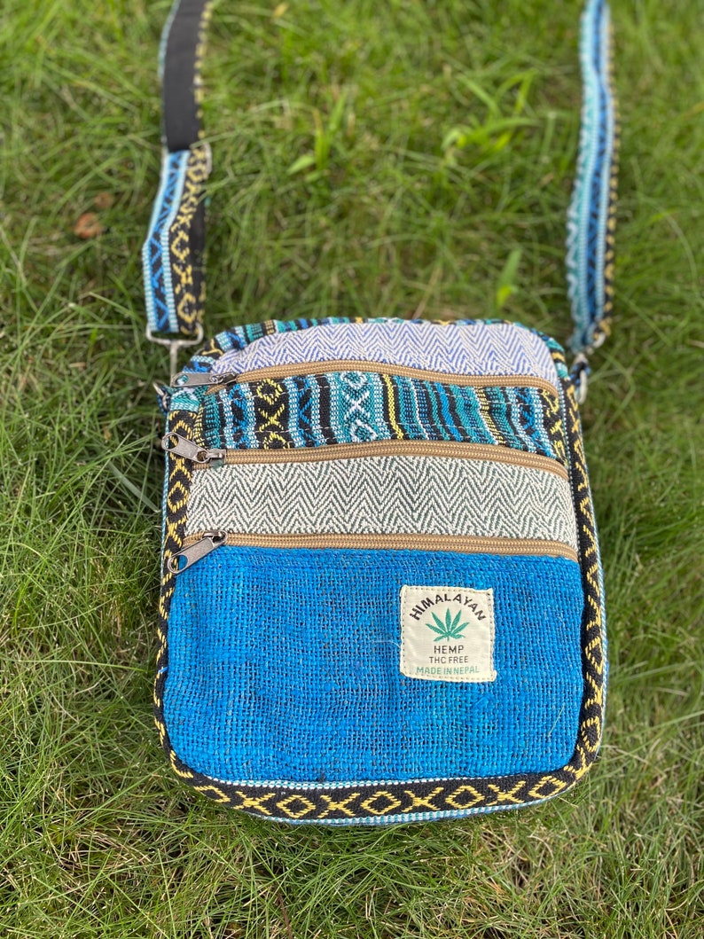 Boho Natural Mini Bag 5 Pocket Passport Bag Travel Bag Hemp Purse Hippie Crossbody Bag GIfts for Her Shoulder Bag Handmade Bag Thanksgiving Light Blue + Blue