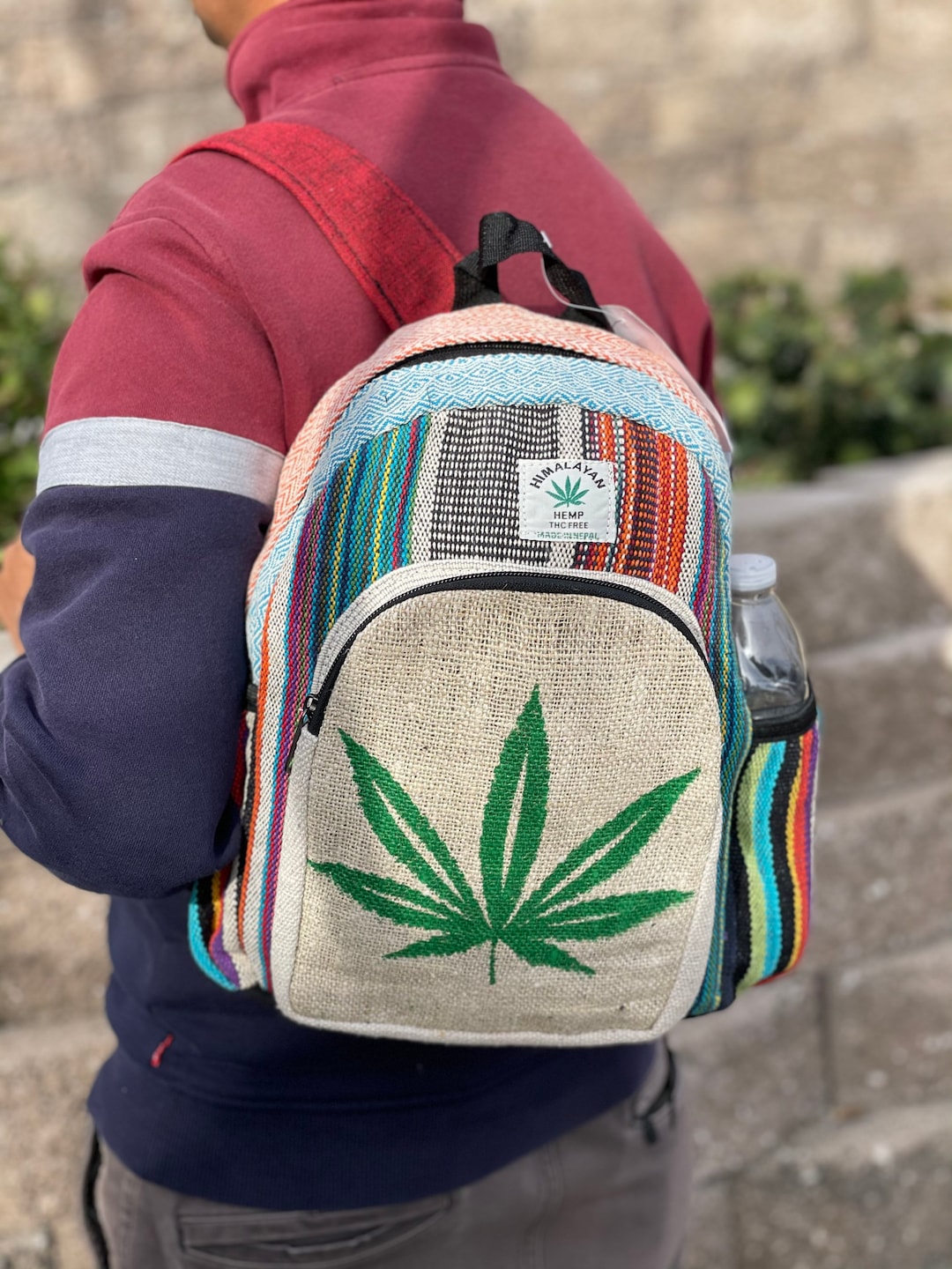 Hemp Leaf Mini Backpack: Handmade Himalayan Boho Festival Bag - Main Image