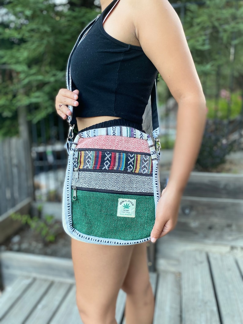 Boho Natural Mini Bag 5 Pocket Passport Bag Travel Bag Hemp Purse Hippie Crossbody Bag GIfts for Her Shoulder Bag Handmade Bag Thanksgiving Dark Green