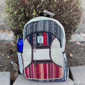 LARGE Himalayan Hemp Backpack with LAPTOP POCKET Nepal Fair Trade Hiking Boho Bag Hippie Backpack Christmas Gift Birthday Gift Cute Backpcks Black/White Gheri