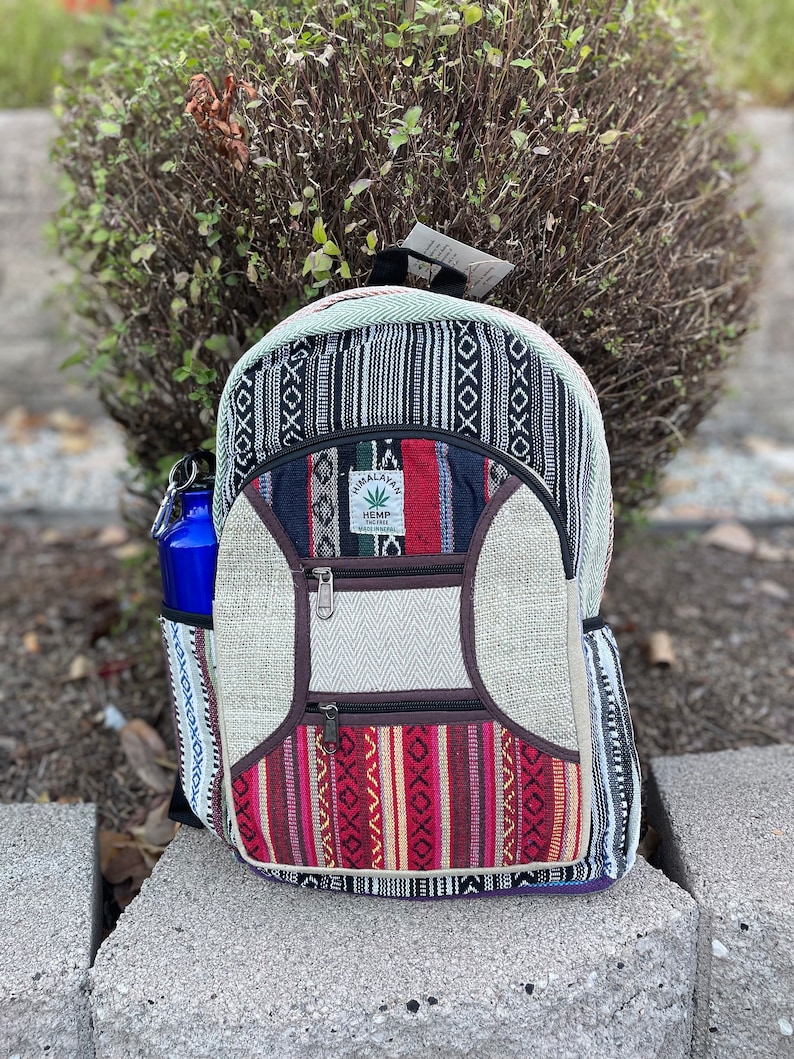 LARGE Himalayan Hemp Backpack with LAPTOP POCKET Nepal Fair Trade Hiking Boho Bag Hippie Backpack Christmas Gift Birthday Gift Cute Backpcks Black/White Gheri