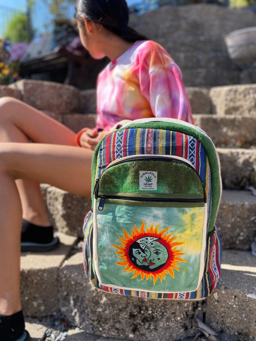 Himalayan Hemp Backpack: Sun and Moon Design, Boho Hippie Bag - Etsy