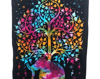 Indian Elephant Tree Tapestry Boho Linen Bedding Wall Hanging Picnic Blanket Tablecloth Hippie | Tie-Dye Multi-Color Black & White Green