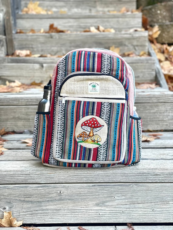 Mushroom Embroidered Himalayan Hemp Backpack: Nepal Travel Bag