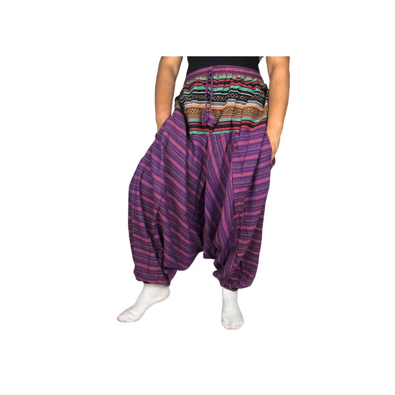Patterned Solid Harem Genie Low Drop Crotch Pants Handmade Nepal One Size Hippie Boho Fairtrade Unisex Comfortable Pockets Baggy Elastic